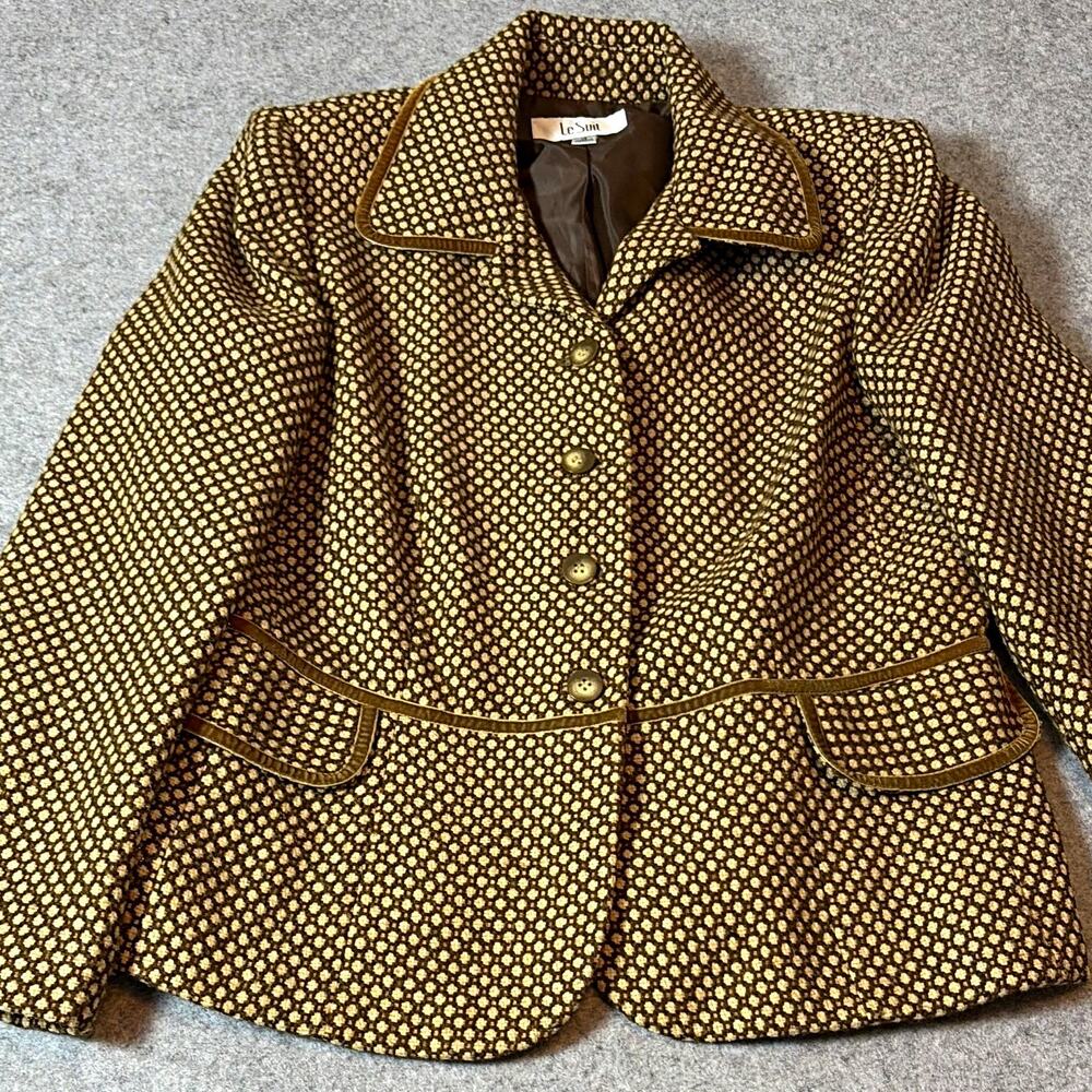 Le Suit Geometric Button Jacket Lined Pockets 12 Brown Beige. Workcore
